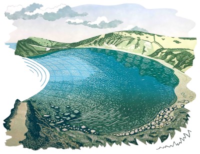 Image of linocut art, depicting the sea and a bay. 