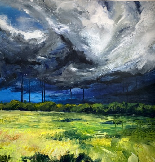 Image of stormy painting - stormy sky, deep blues and greys. There is also a field of vibrant green